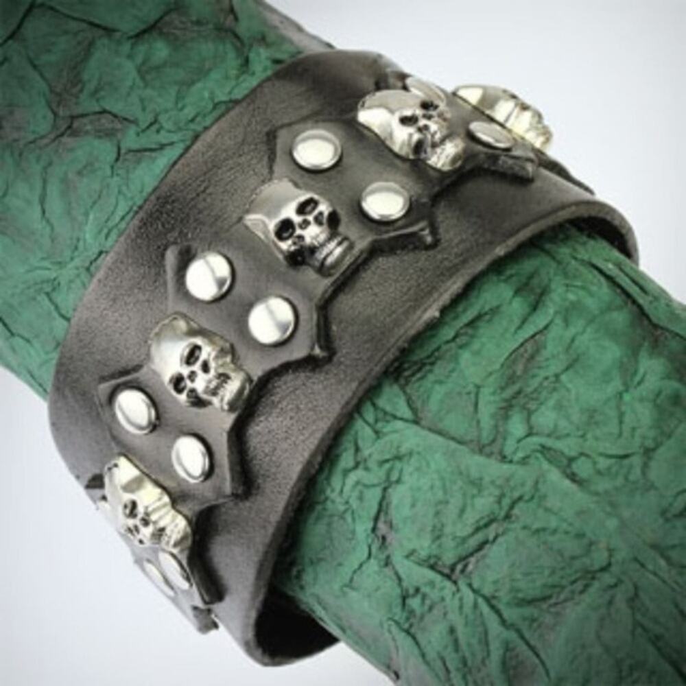NWOT Leather Bracelet‎ with Multi Skulls and Round Studs with Spike Center